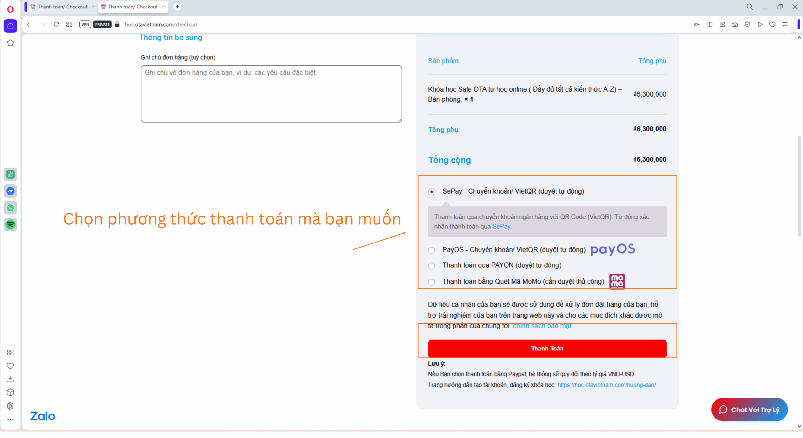 Hướng dẫn học tại trang học trực tuyến của #OTAVN - nhập thông tin và chọn hình thức thanh toán