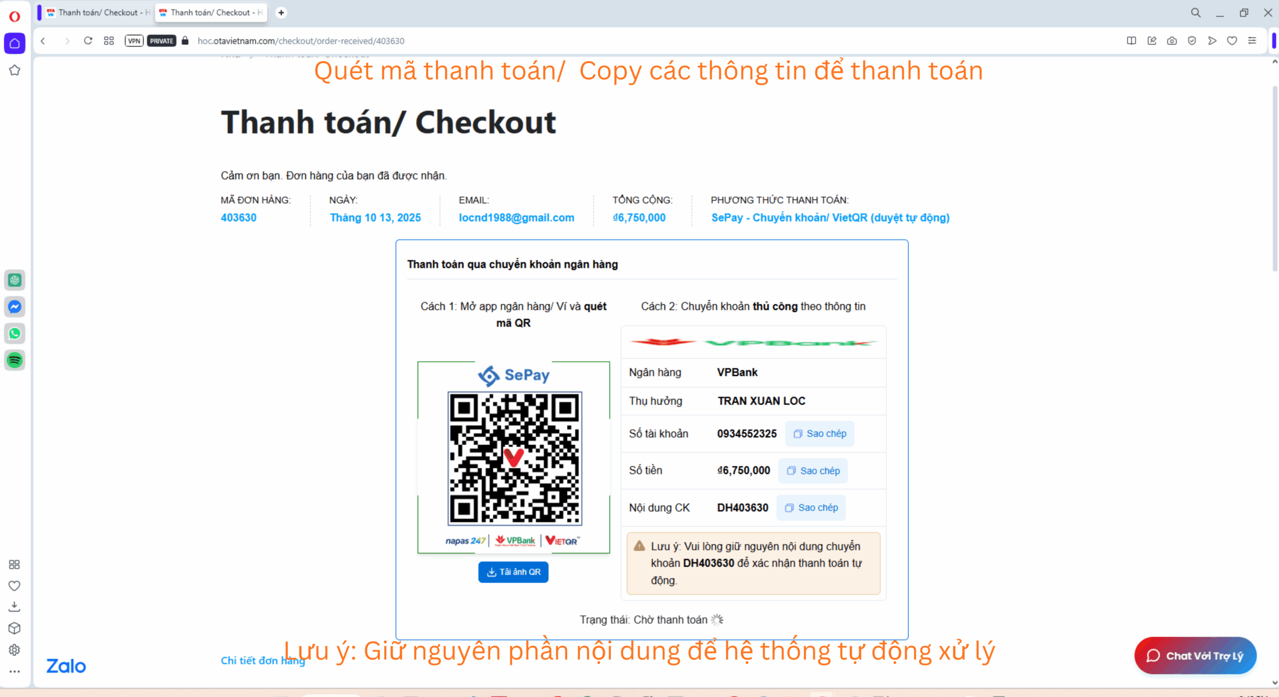 Hướng dẫn học tại trang học trực tuyến của #OTAVN - checkout thanh toán QR
