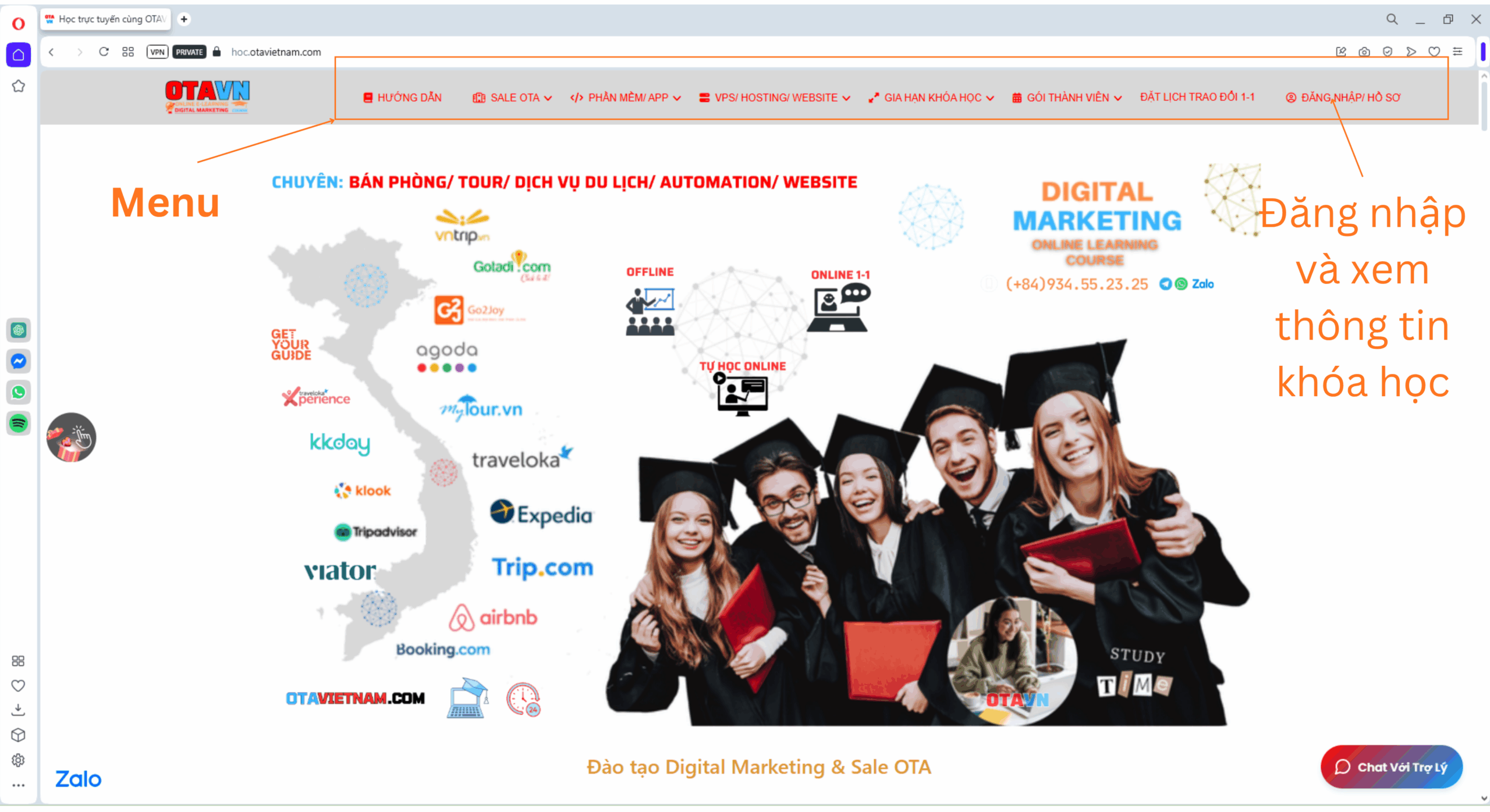 Hướng dẫn học tại trang học trực tuyến của #OTAVN - Menu