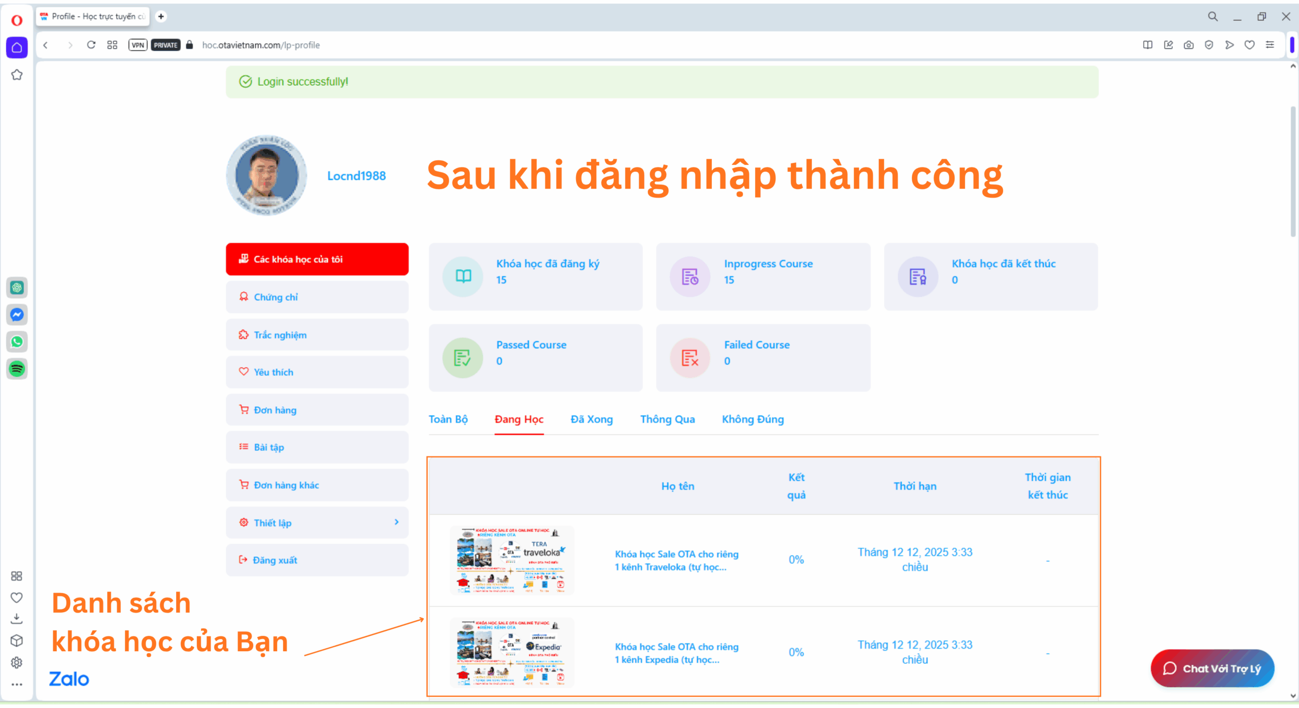 Hướng dẫn học tại trang học trực tuyến của #OTAVN - đăng nhập thành công