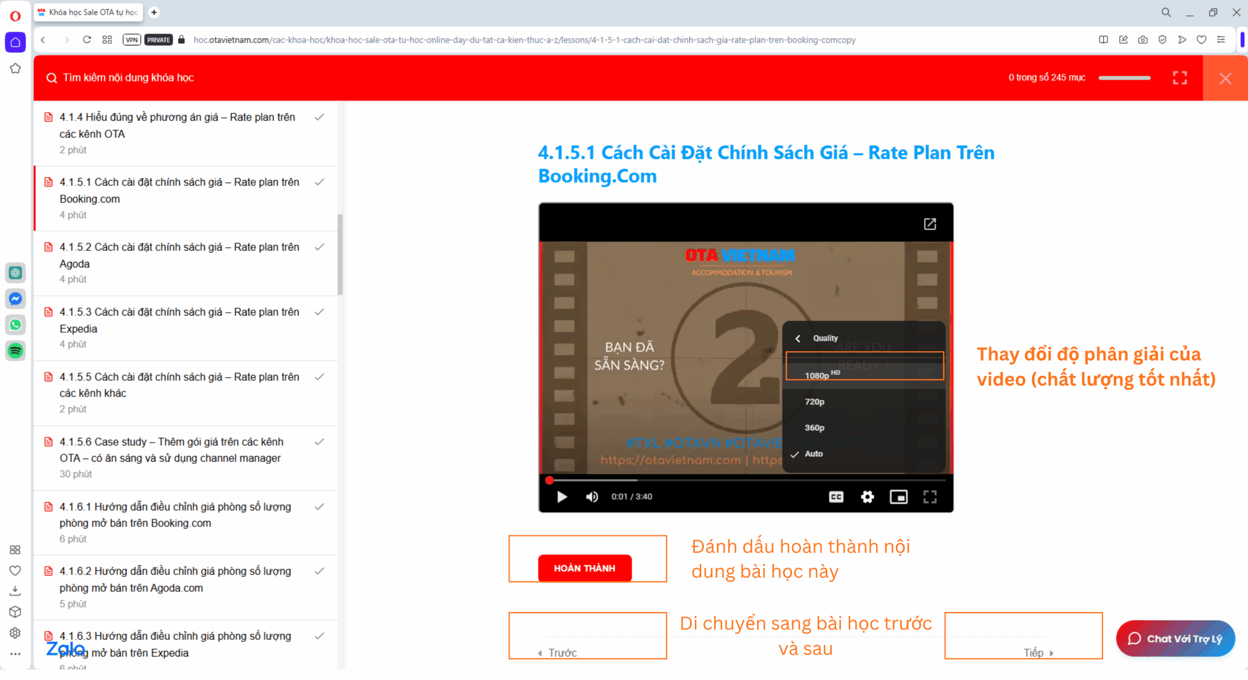 Hướng dẫn học tại trang học trực tuyến của #OTAVN - Bên trong một bài học